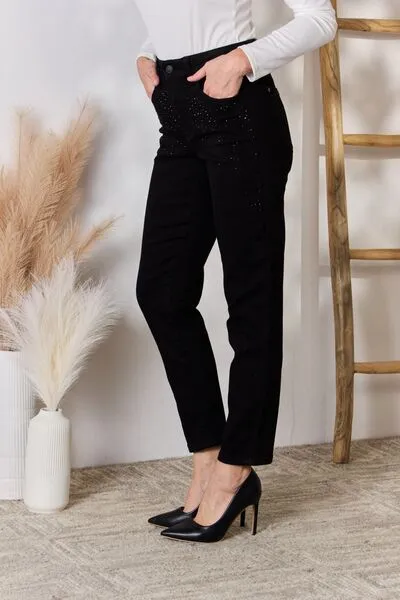 Judy Blue Rhinestone Embellishment Slim Jeans in Black