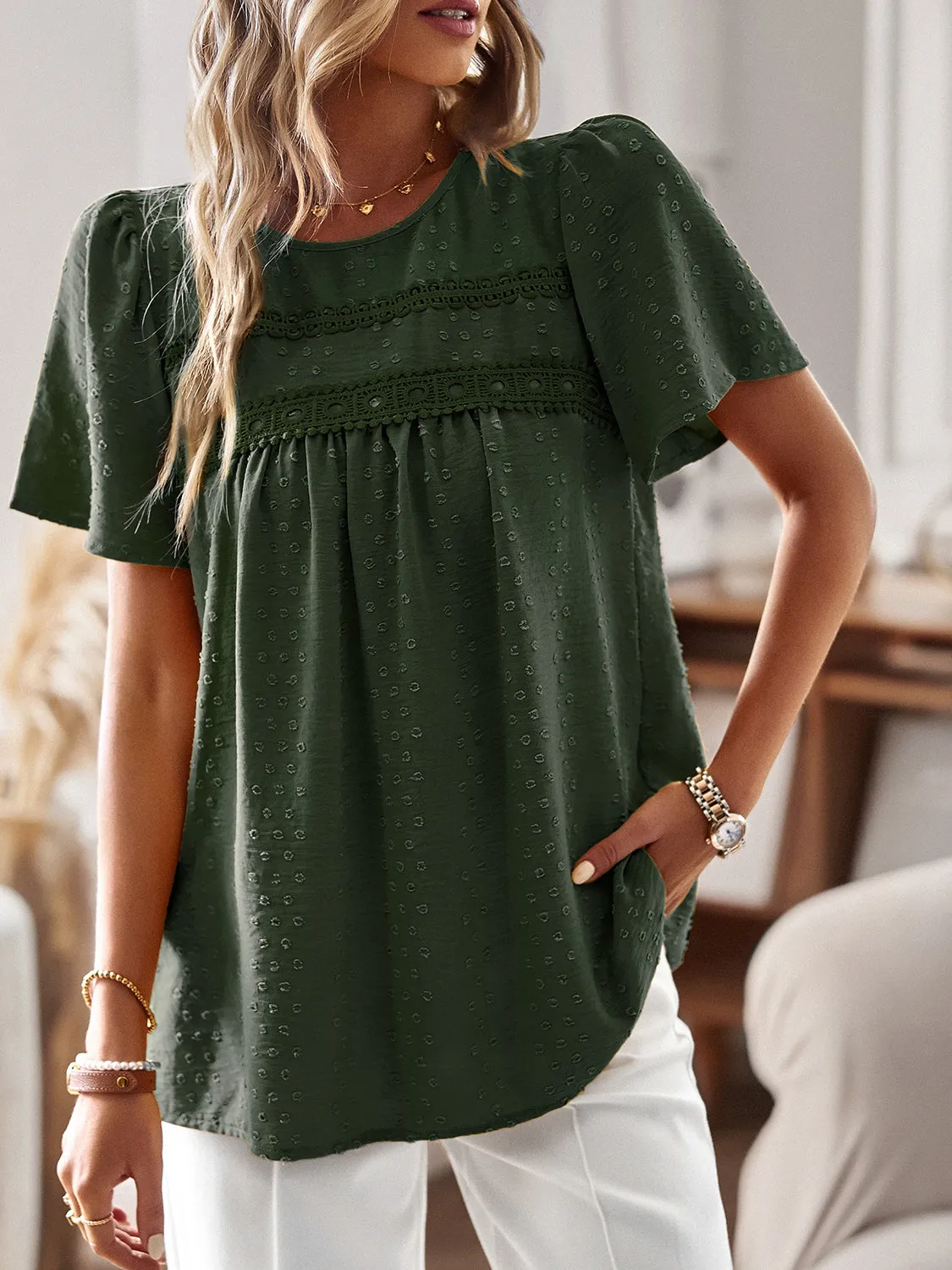 Lace Detail Round Neck Short Sleeve Blouse