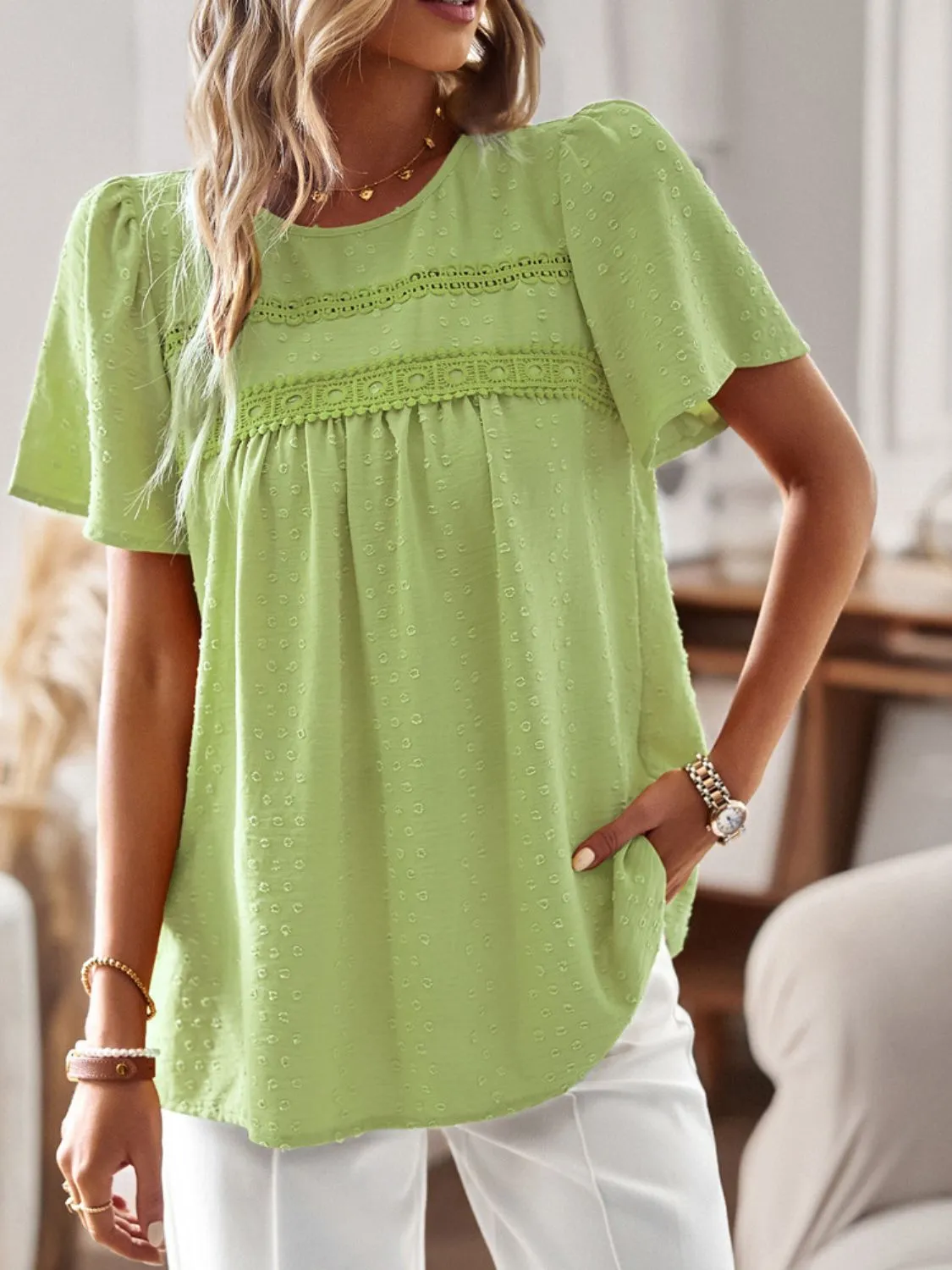 Lace Detail Round Neck Short Sleeve Blouse