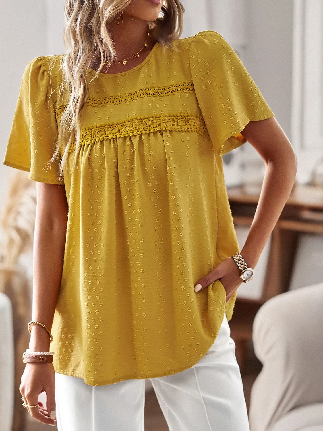 Lace Detail Round Neck Short Sleeve Blouse