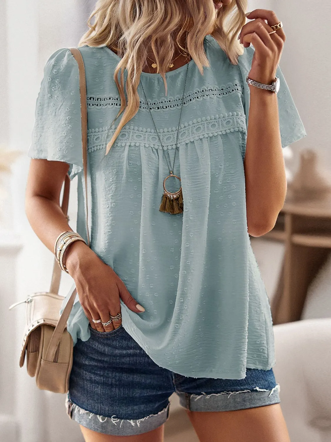 Lace Detail Round Neck Short Sleeve Blouse