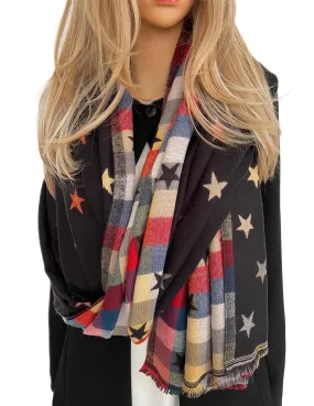 LARGE BLACK STAR PRINT REVERSIBLE WINTER SHAWL BLANKET SCARF