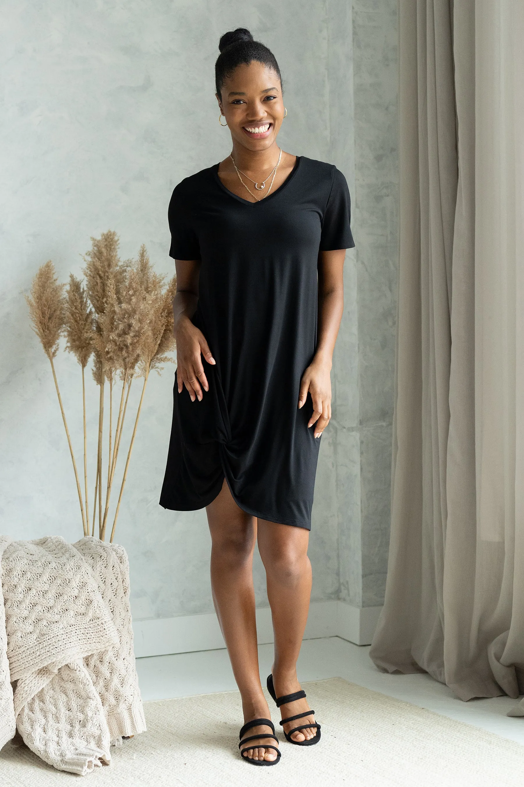 Lilah Twist Knot Bamboo T-shirt Dress - Black