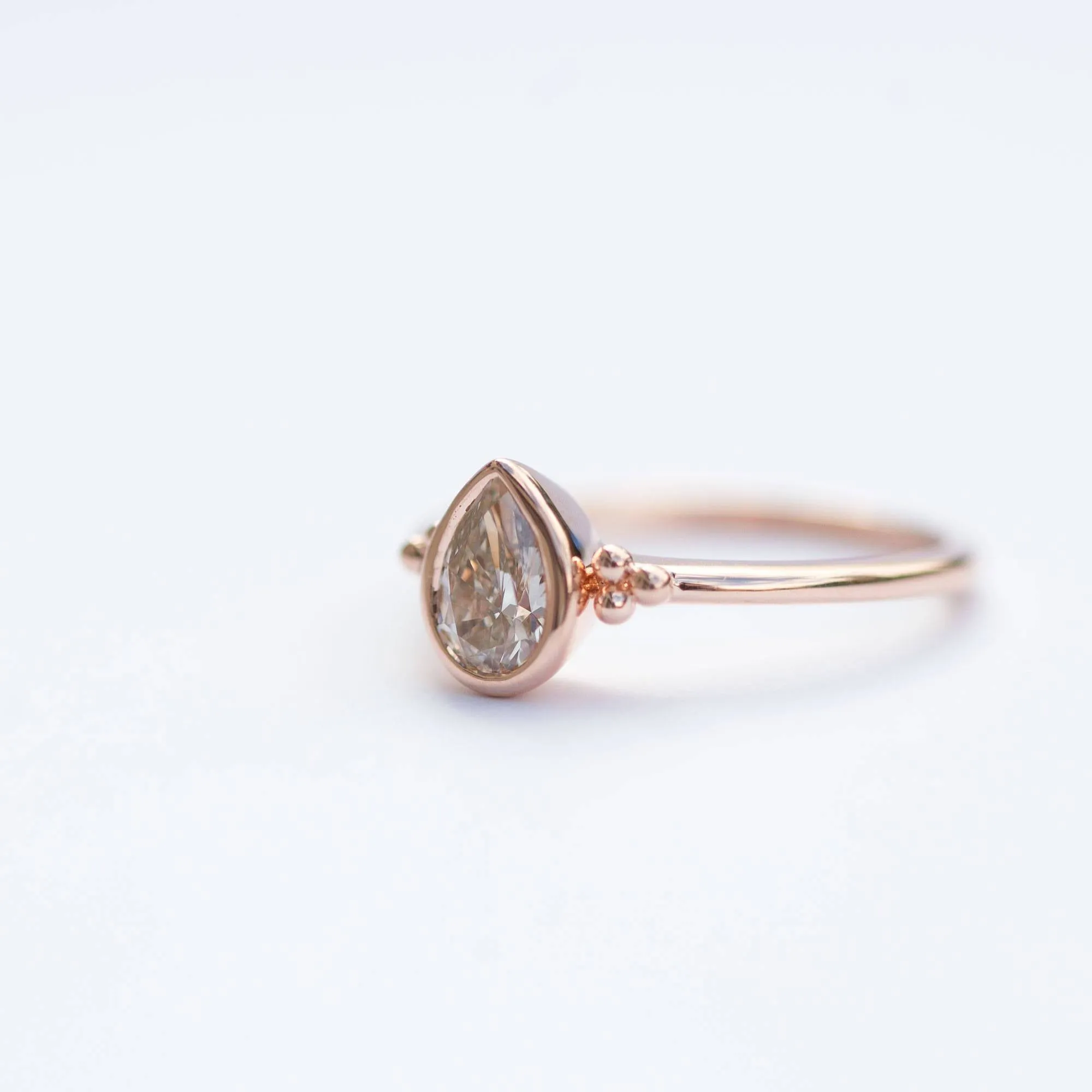 Low Profile Rose Gold Pear Champagne Diamond Ring - Champagne Light Brown GIA Diamond with antique granulation detailing by Anueva Jewelry