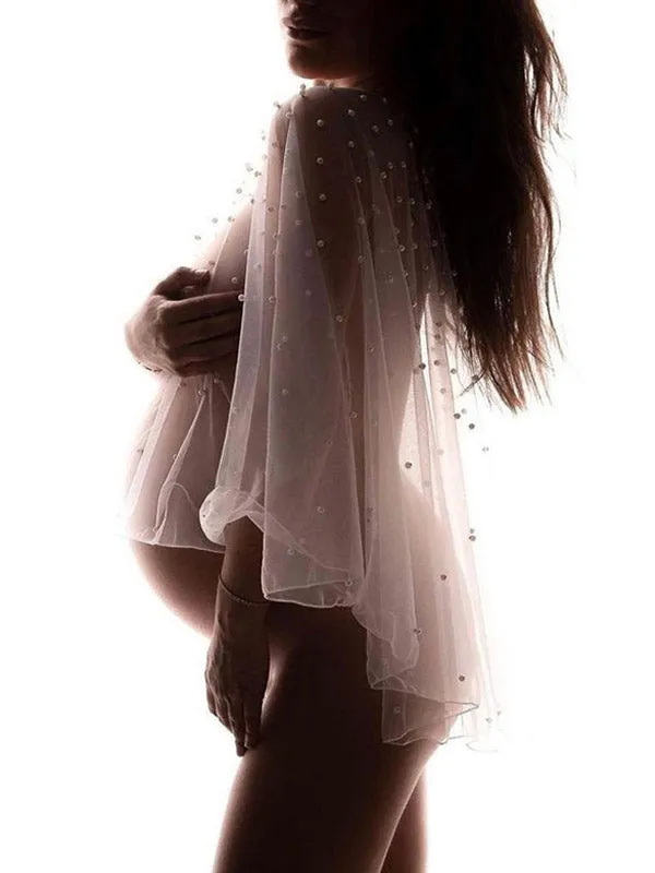 Momnfancy Elegant White Pearl Beaded Grenadine Transparent Flowy Cape Maternity Photoshoot T-Shirt