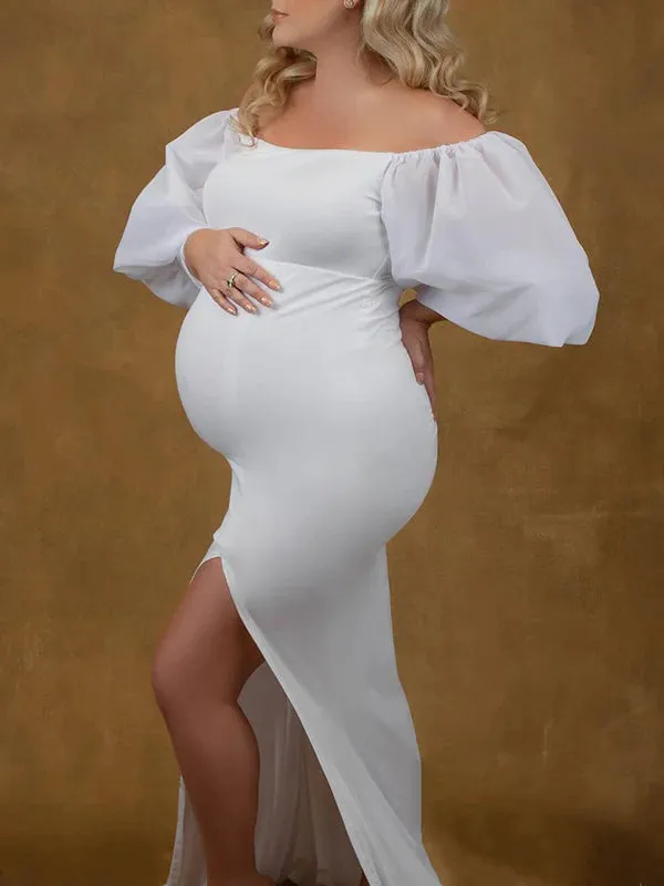 Momnfancy Off Shoulder Solid Color Side Slit Bodycon Plus Size Photoshoot Maternity Baby Shower Maxi Dress