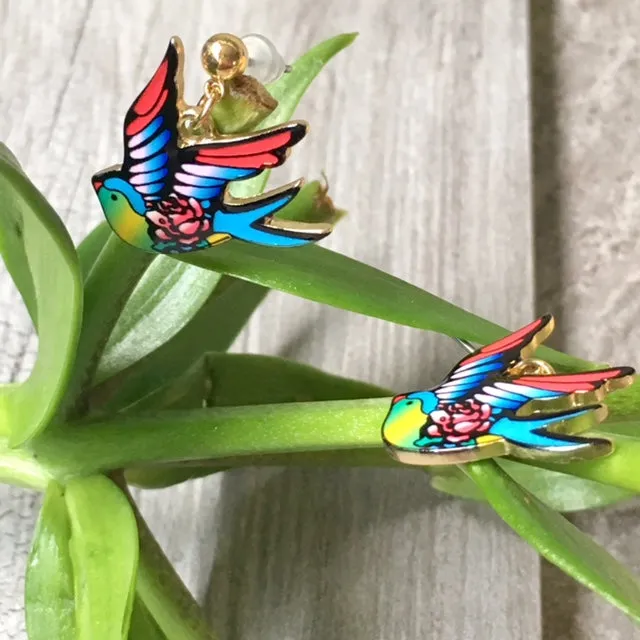 MULTI-COLOUR SWALLOW BIRD DANGLE DROP STUD EARRINGS