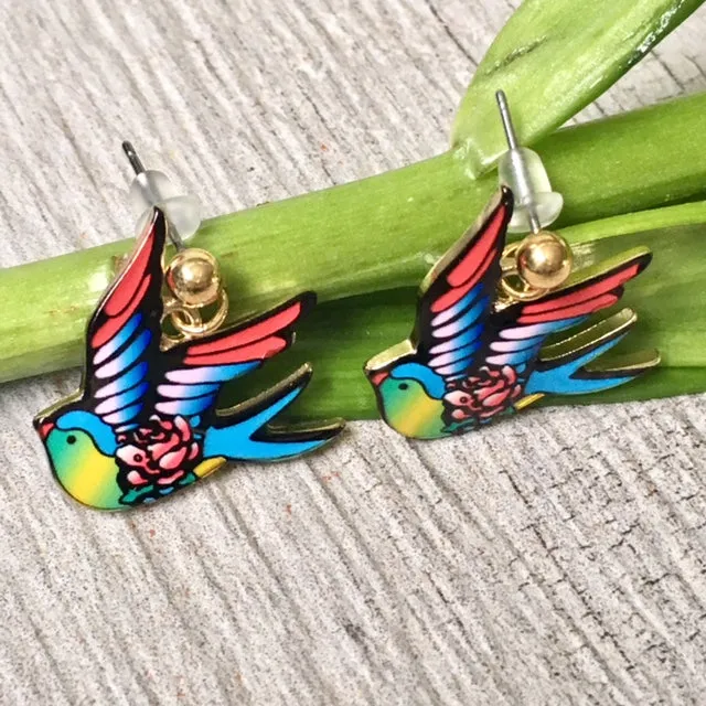 MULTI-COLOUR SWALLOW BIRD DANGLE DROP STUD EARRINGS