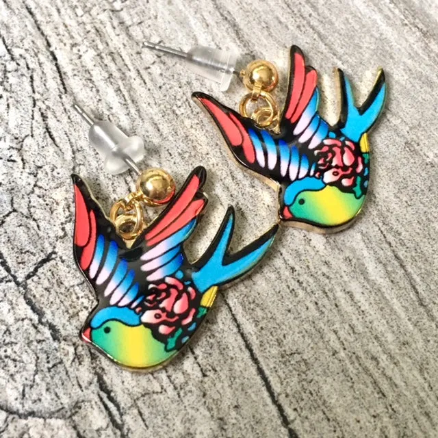 MULTI-COLOUR SWALLOW BIRD DANGLE DROP STUD EARRINGS