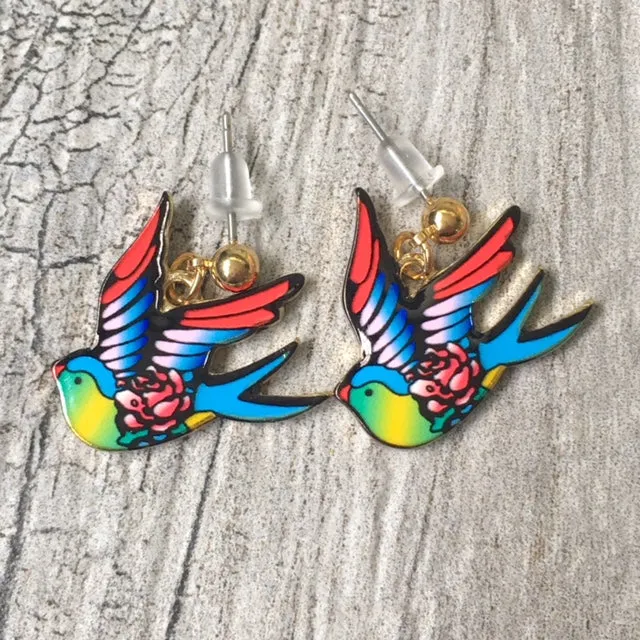 MULTI-COLOUR SWALLOW BIRD DANGLE DROP STUD EARRINGS