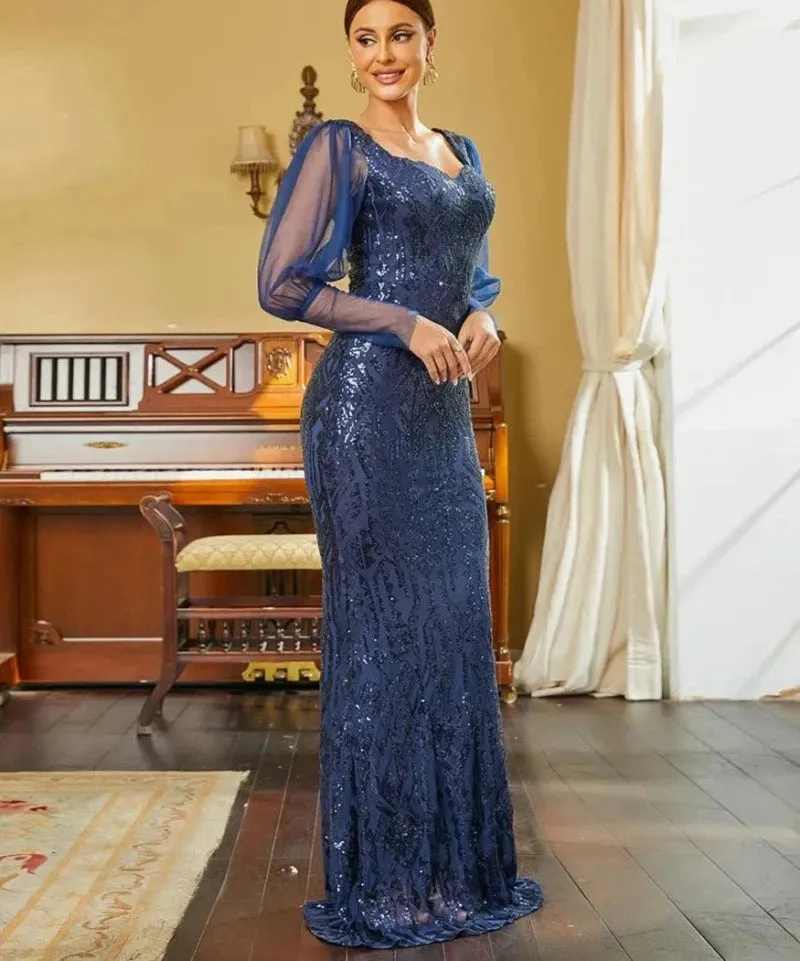 Navy Blue Sequin Long Sleeve Mermaid Party Dress