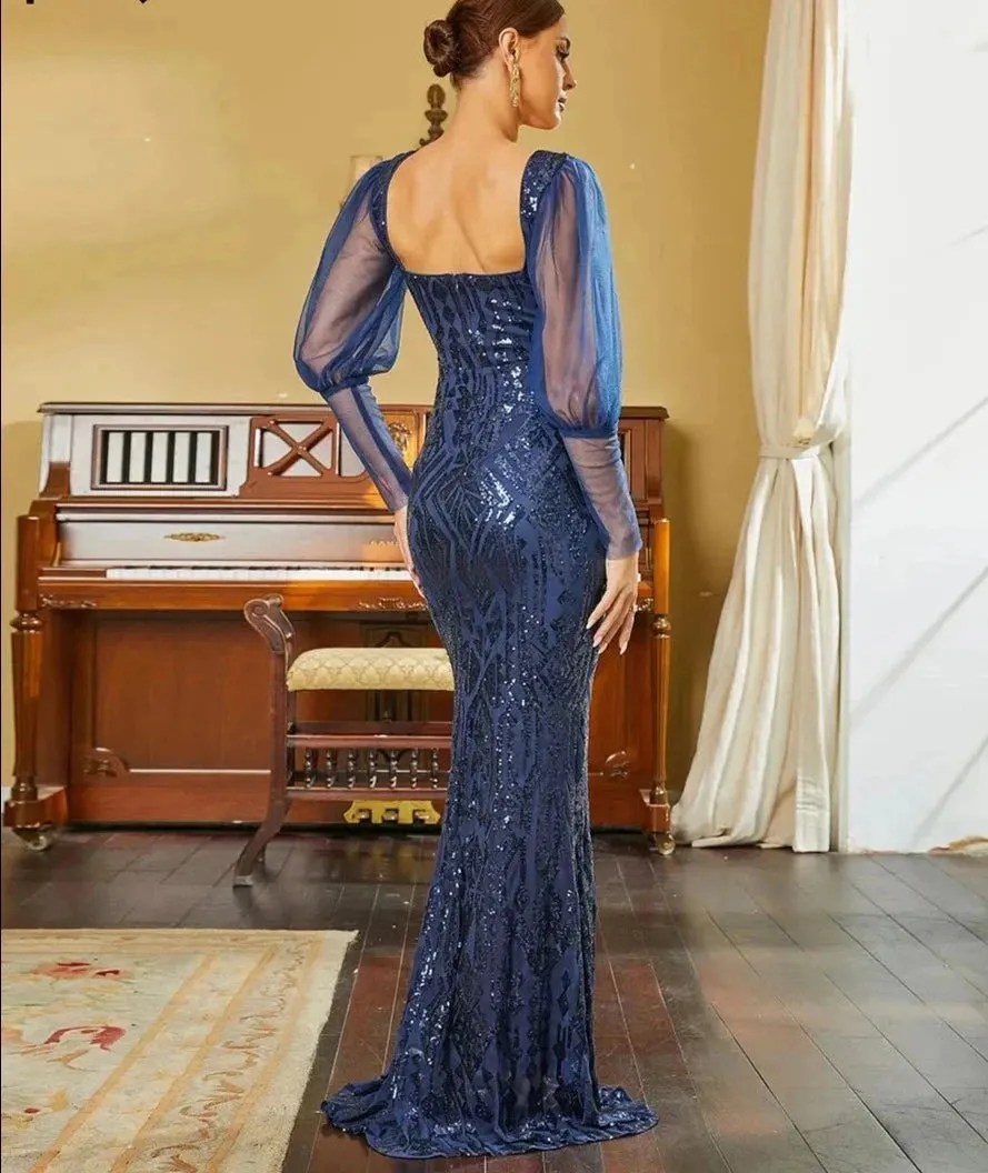 Navy Blue Sequin Long Sleeve Mermaid Party Dress