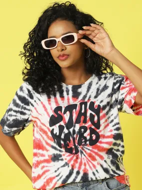 Navy Red Tie & Dye Typographic Printed Oversized T-Shirt