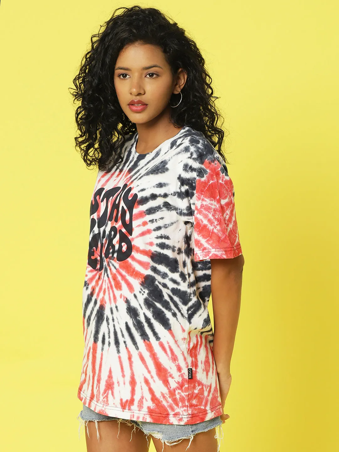 Navy Red Tie & Dye Typographic Printed Oversized T-Shirt