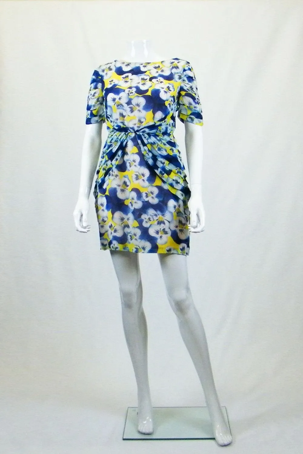 OLIVIA RUBIN Blue Yellow White Silk Pansy Print Mini Dress (UK 8)