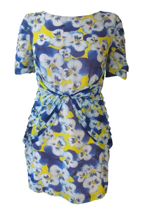 OLIVIA RUBIN Blue Yellow White Silk Pansy Print Mini Dress (UK 8)