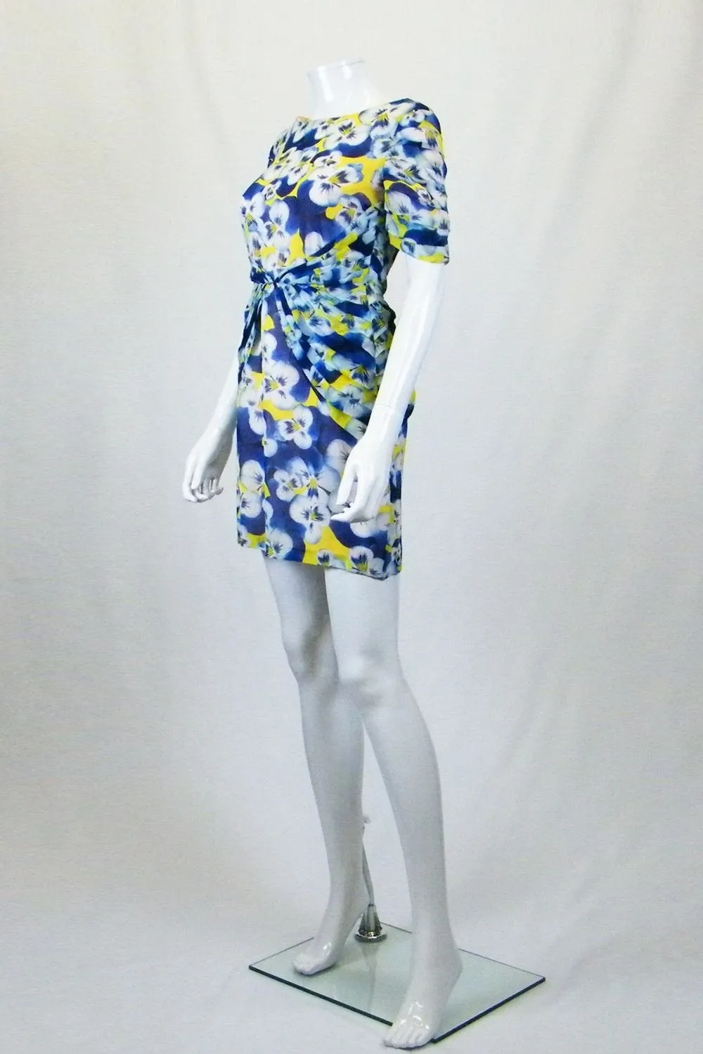 OLIVIA RUBIN Blue Yellow White Silk Pansy Print Mini Dress (UK 8)