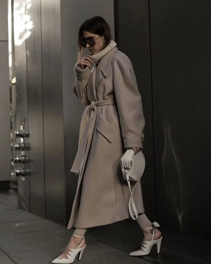 Overized Fit Tan Wool Camel Cashmere Long Coat Belted Overcoat