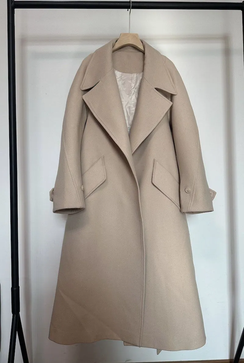 Overized Fit Tan Wool Camel Cashmere Long Coat Belted Overcoat