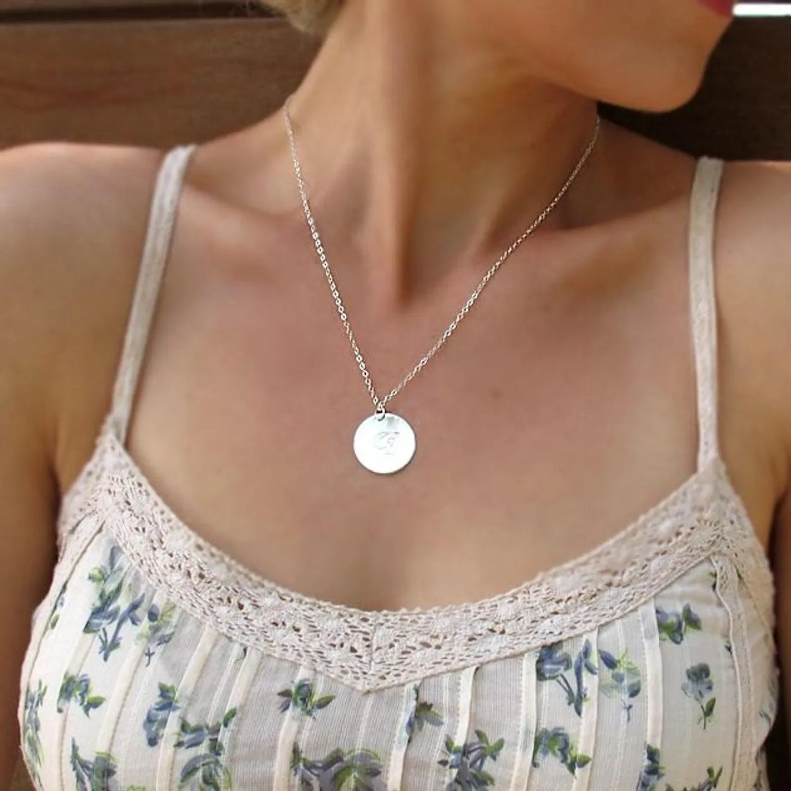 Personalized Flower Necklace - Engraved Flower Disk Pendant