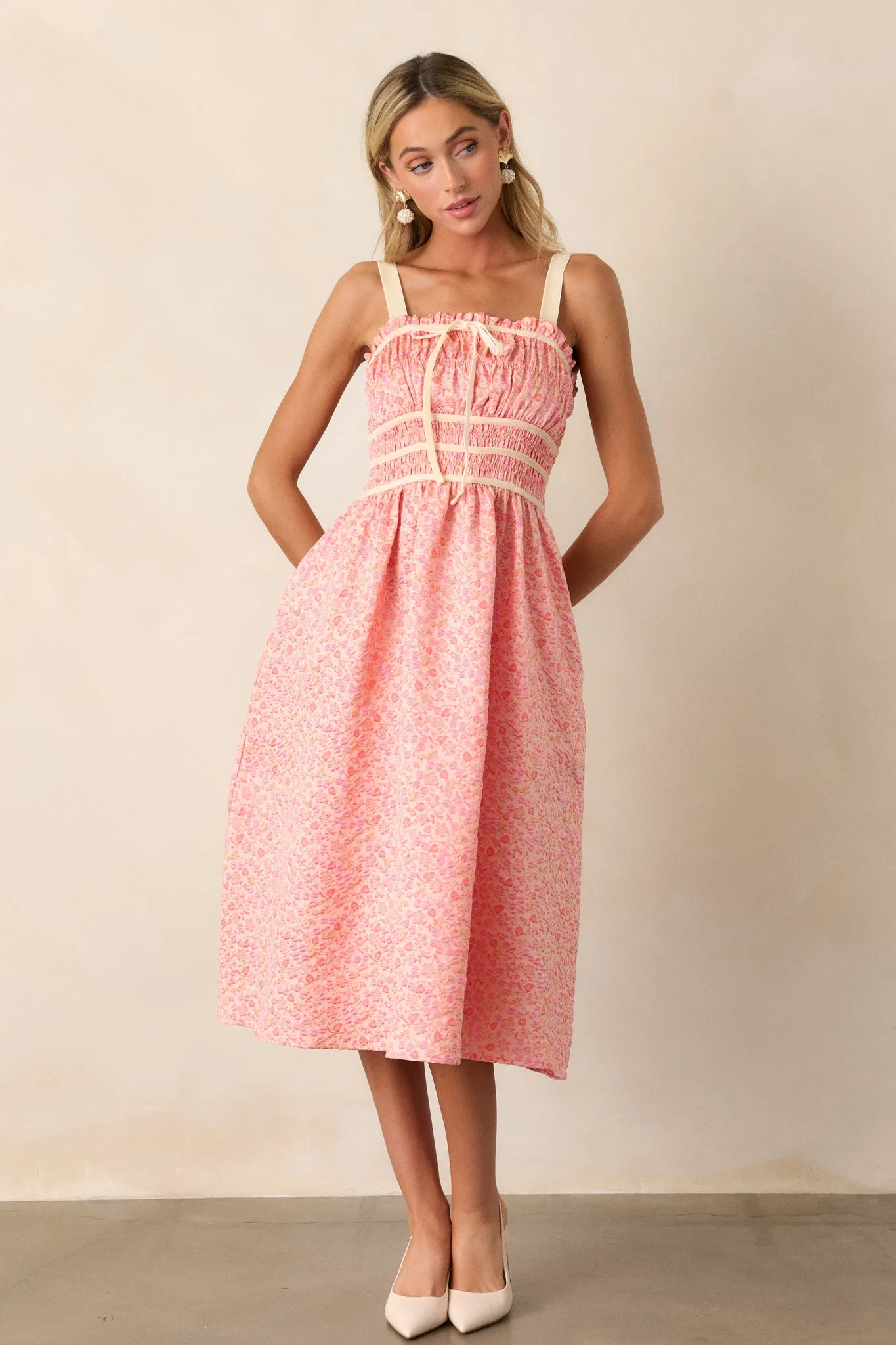 Petal Waltz Pink Coral Floral Jacquard Midi Dress