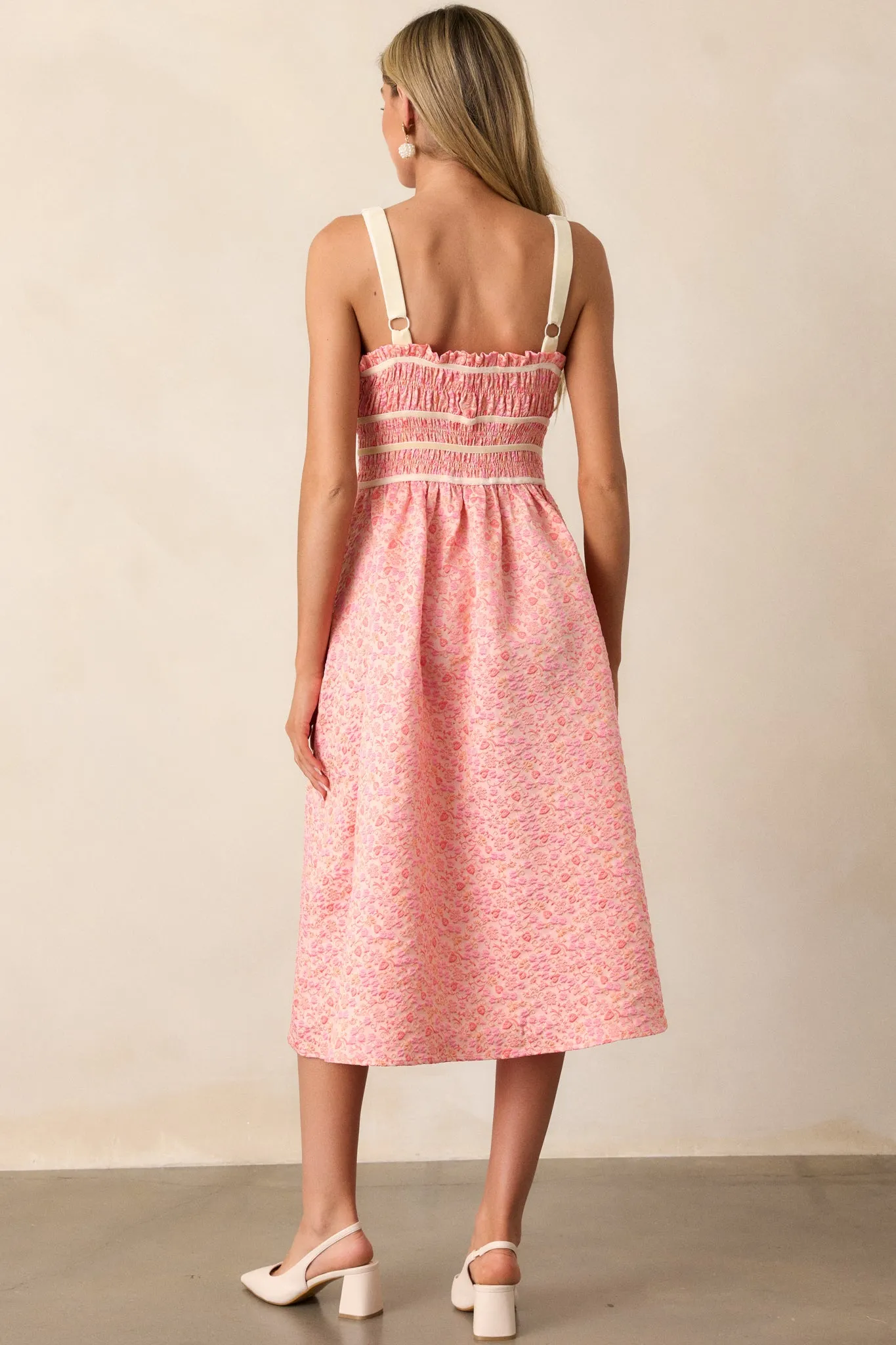 Petal Waltz Pink Coral Floral Jacquard Midi Dress