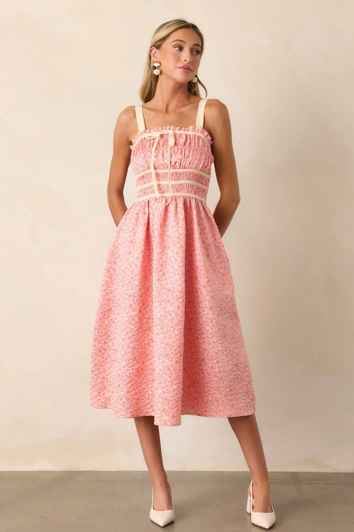 Petal Waltz Pink Coral Floral Jacquard Midi Dress