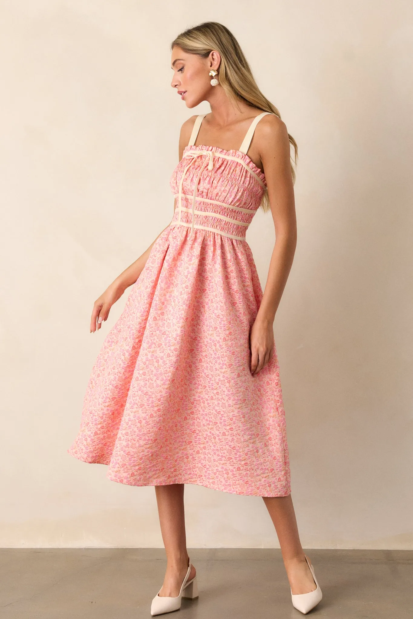 Petal Waltz Pink Coral Floral Jacquard Midi Dress