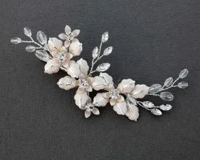 Petite Crystal Bridal Hair Clip of Brushed Metal Flowers