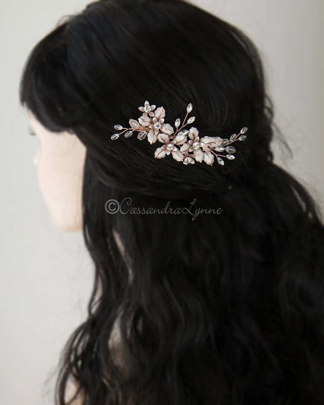 Petite Crystal Bridal Hair Clip of Brushed Metal Flowers