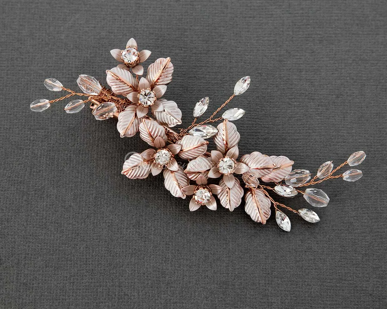 Petite Crystal Bridal Hair Clip of Brushed Metal Flowers