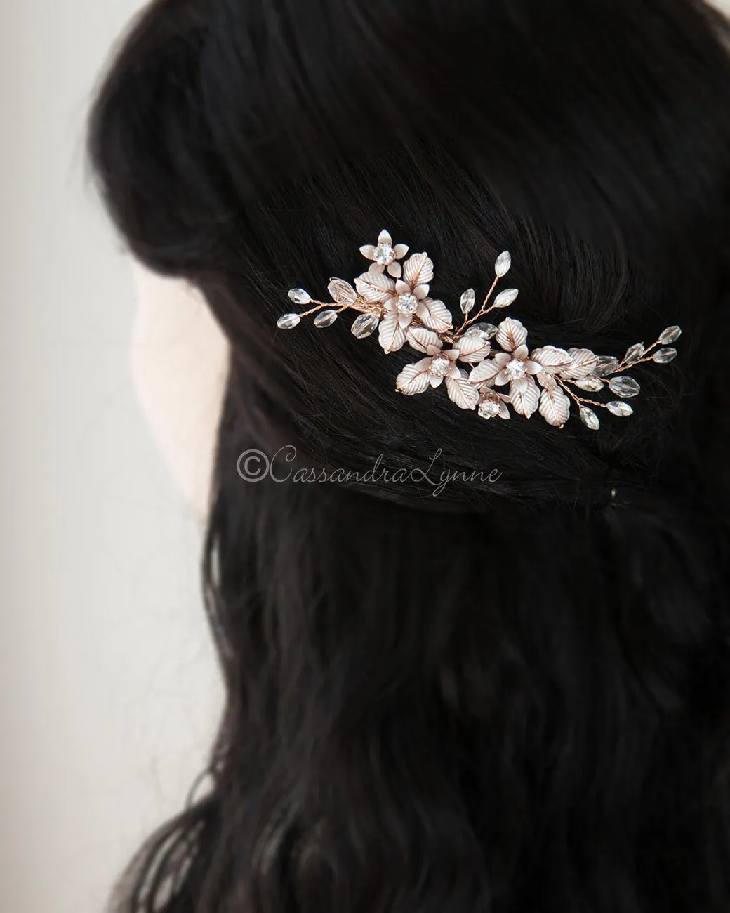 Petite Crystal Bridal Hair Clip of Brushed Metal Flowers