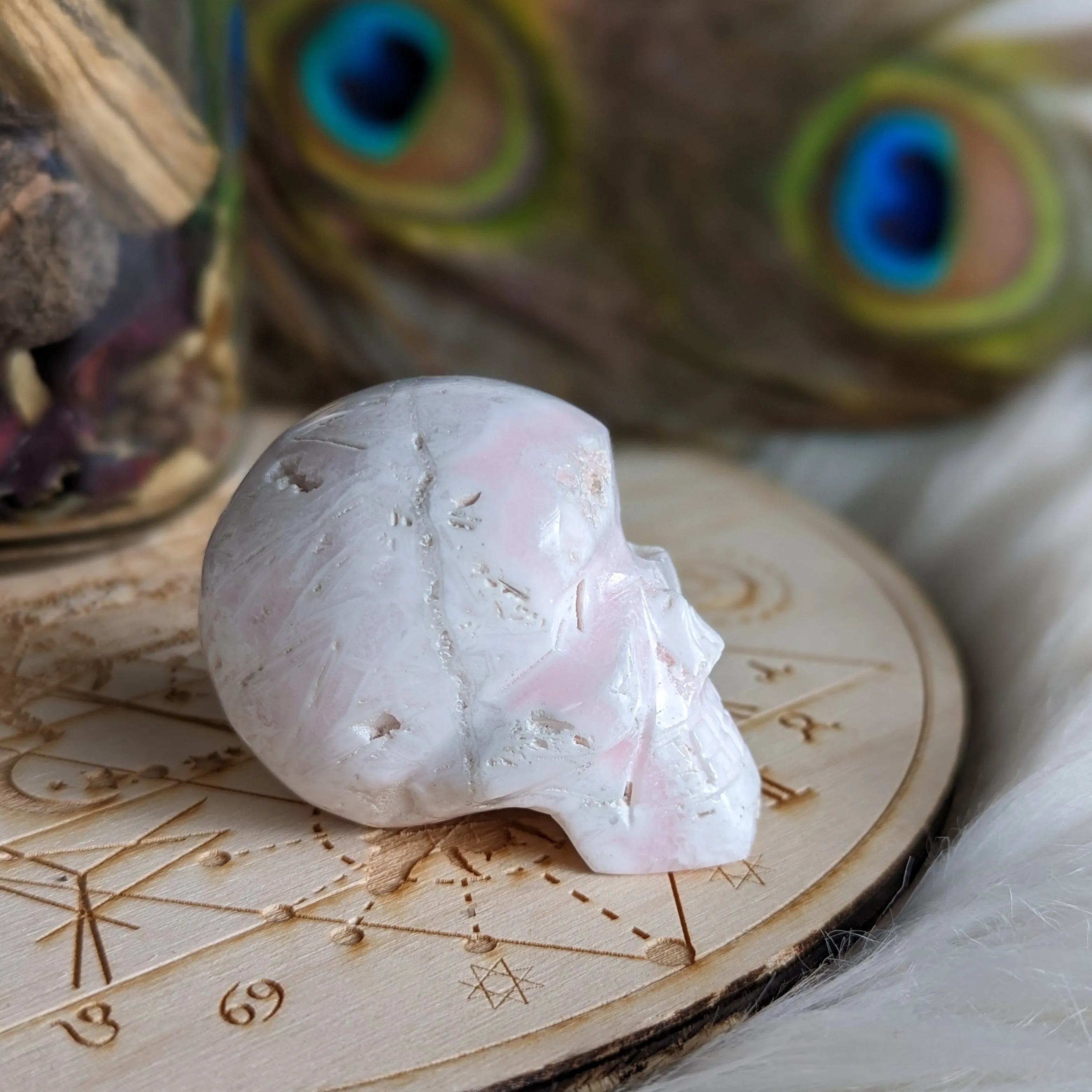 Pink Mangano Calcite Skull Carving with Druzy ~ Resonates with the Heart Frequency