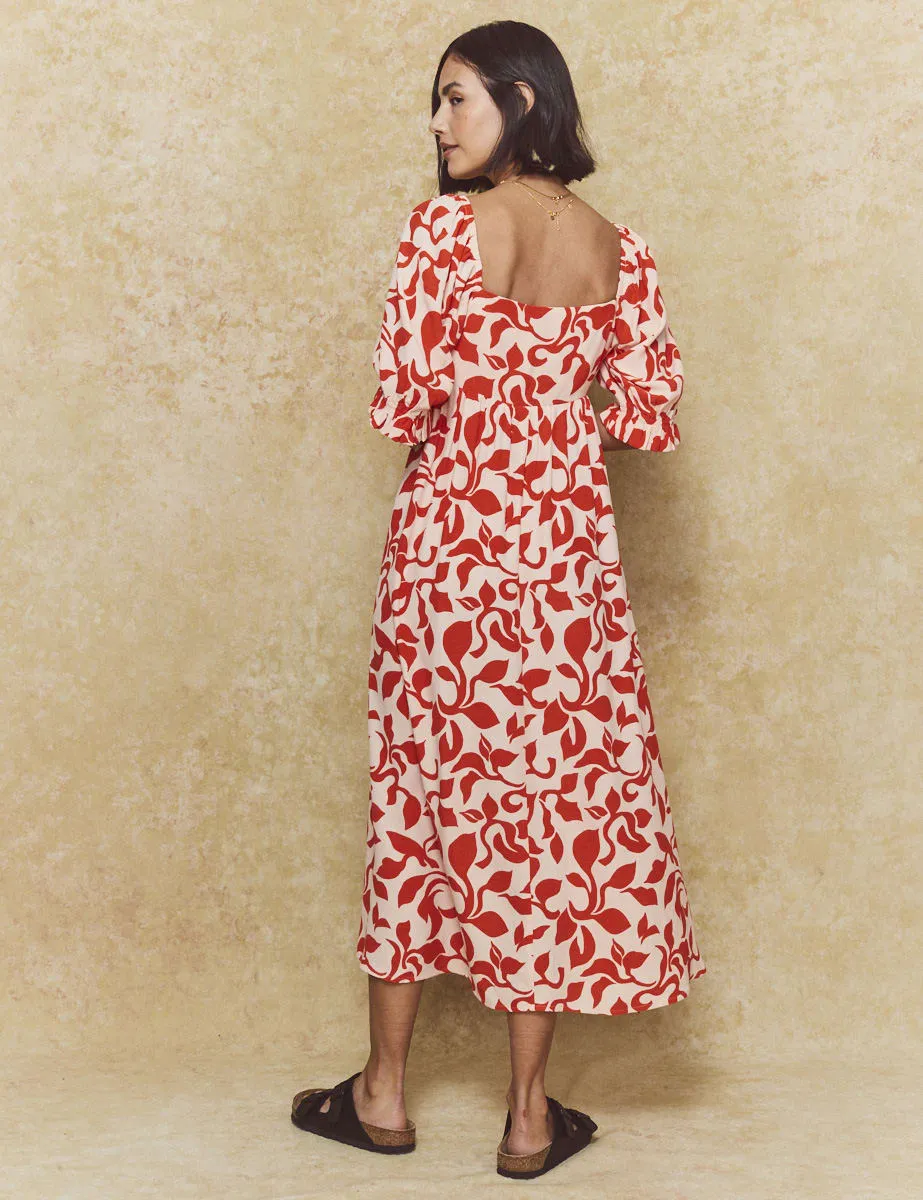 Red Petal Print Martina Midi Dress