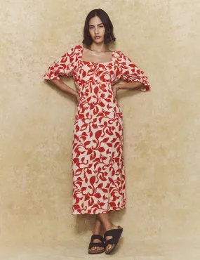 Red Petal Print Martina Midi Dress