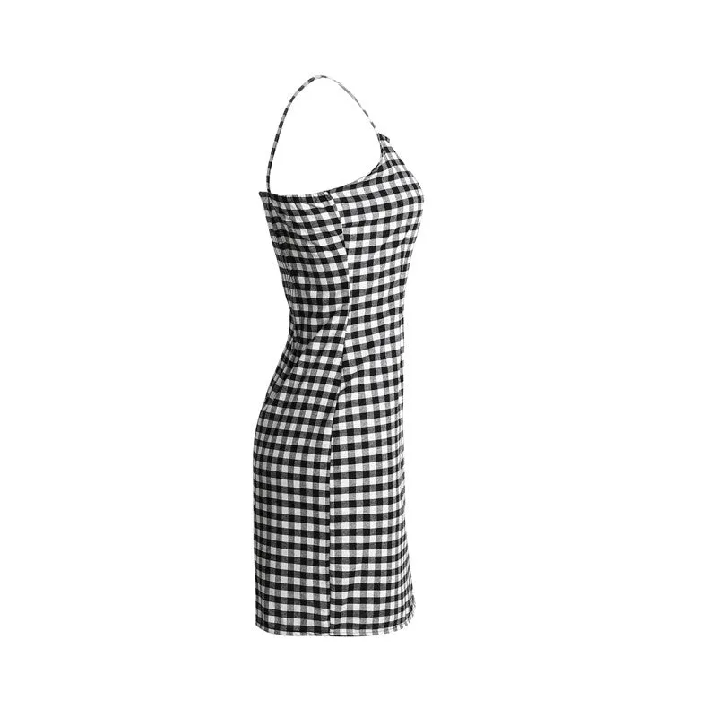 Retro Plaid Straight Neck Gingham Bodycon Dress