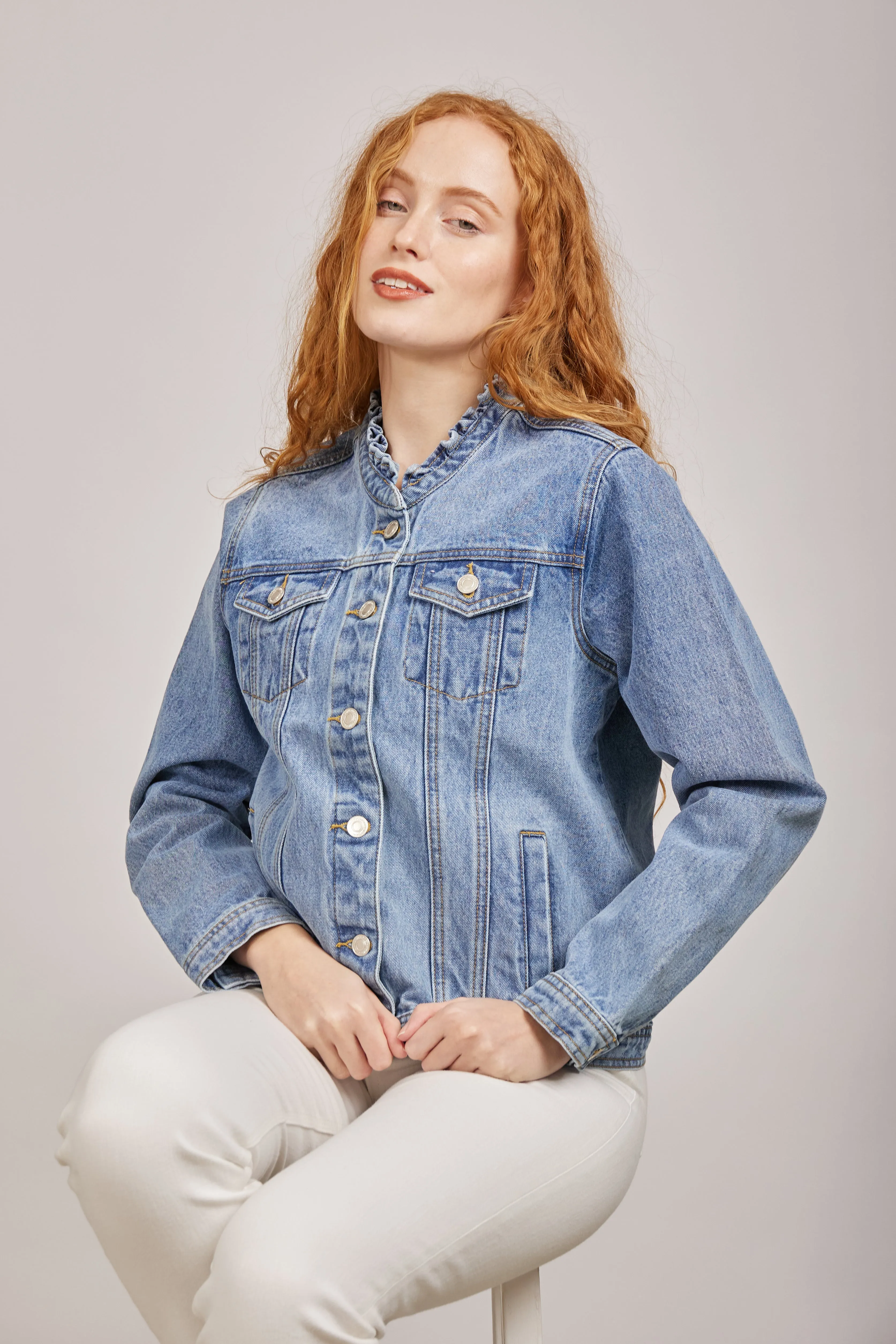 Ruffle Neck Denim Jacket