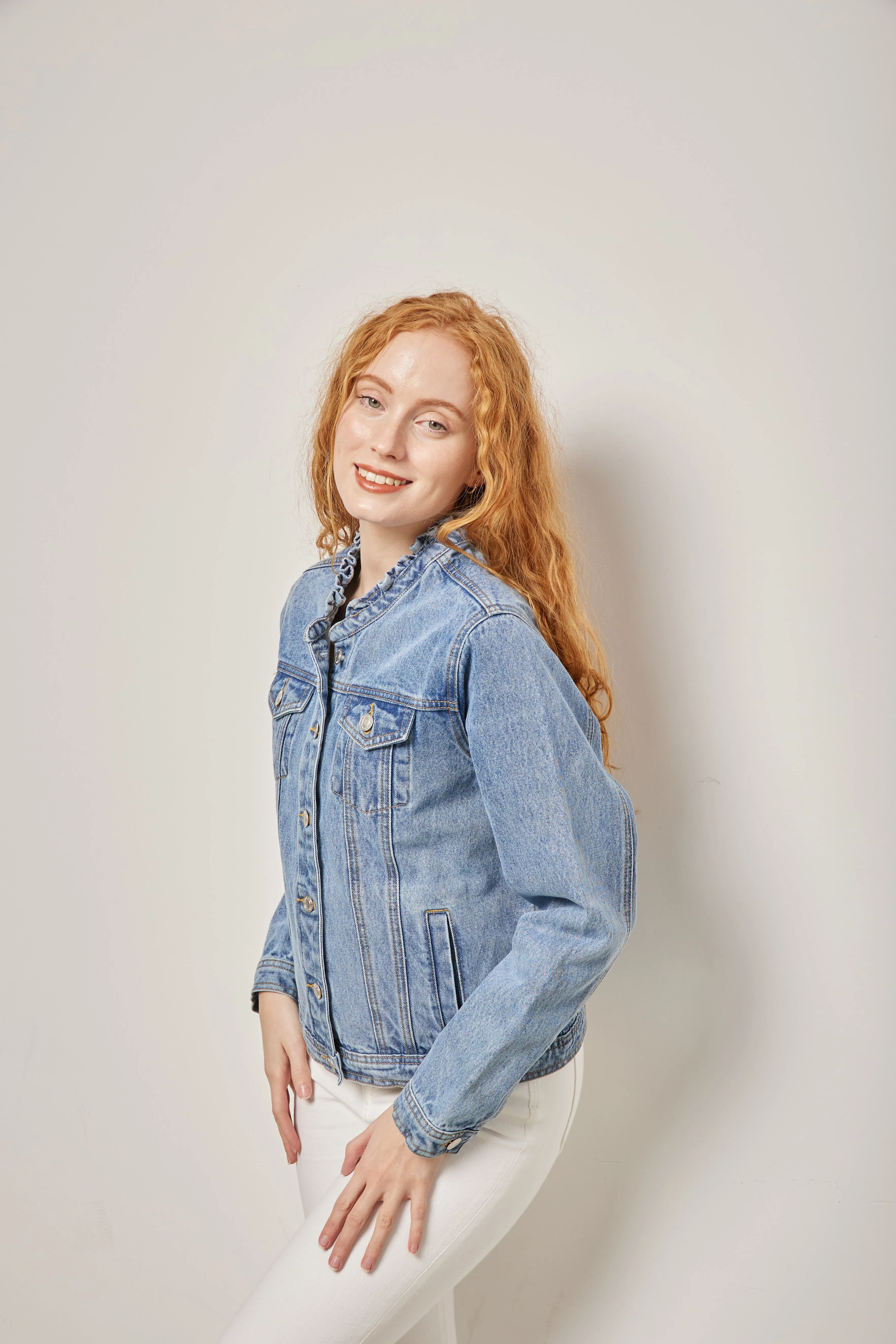 Ruffle Neck Denim Jacket