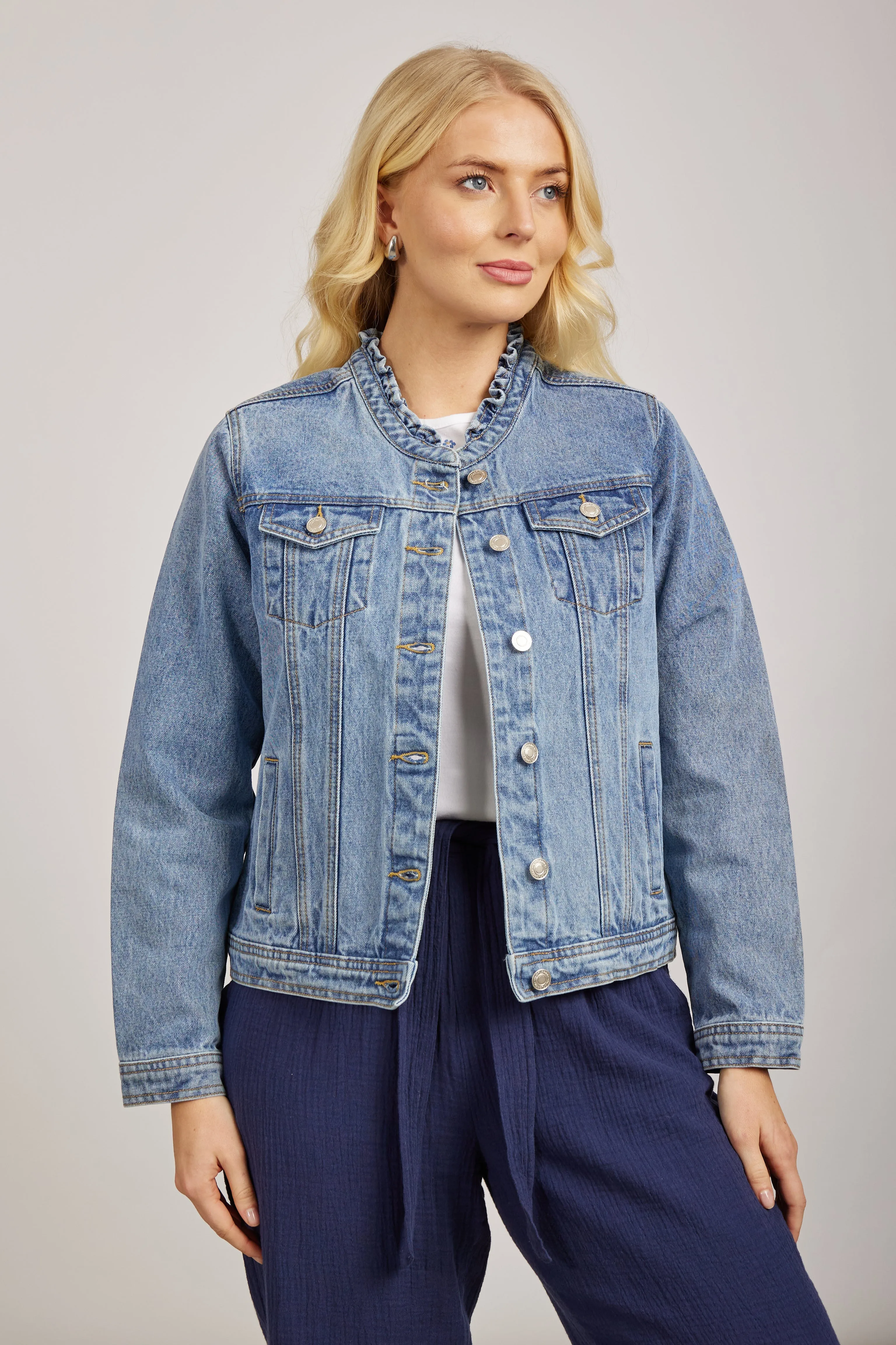 Ruffle Neck Denim Jacket