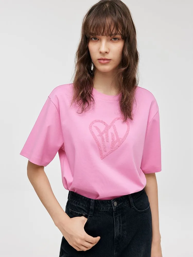 Sequins Heart-Shape Embroidered Women T-shirt