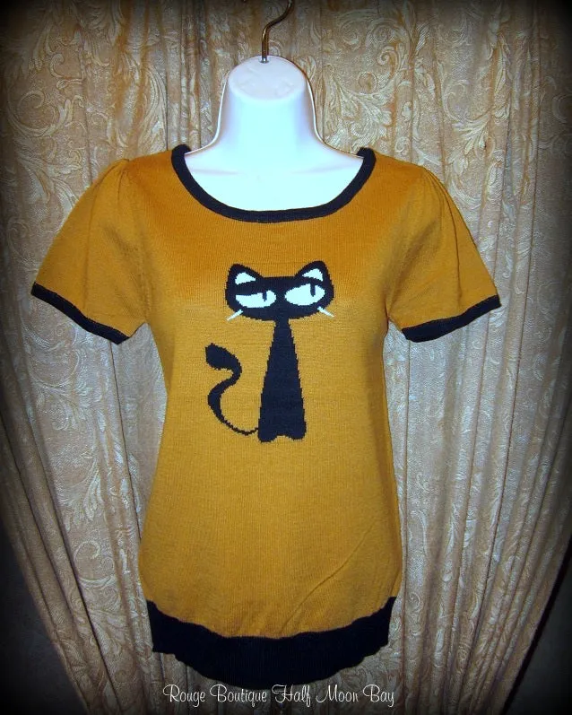 Short sleeve retro cat sweater