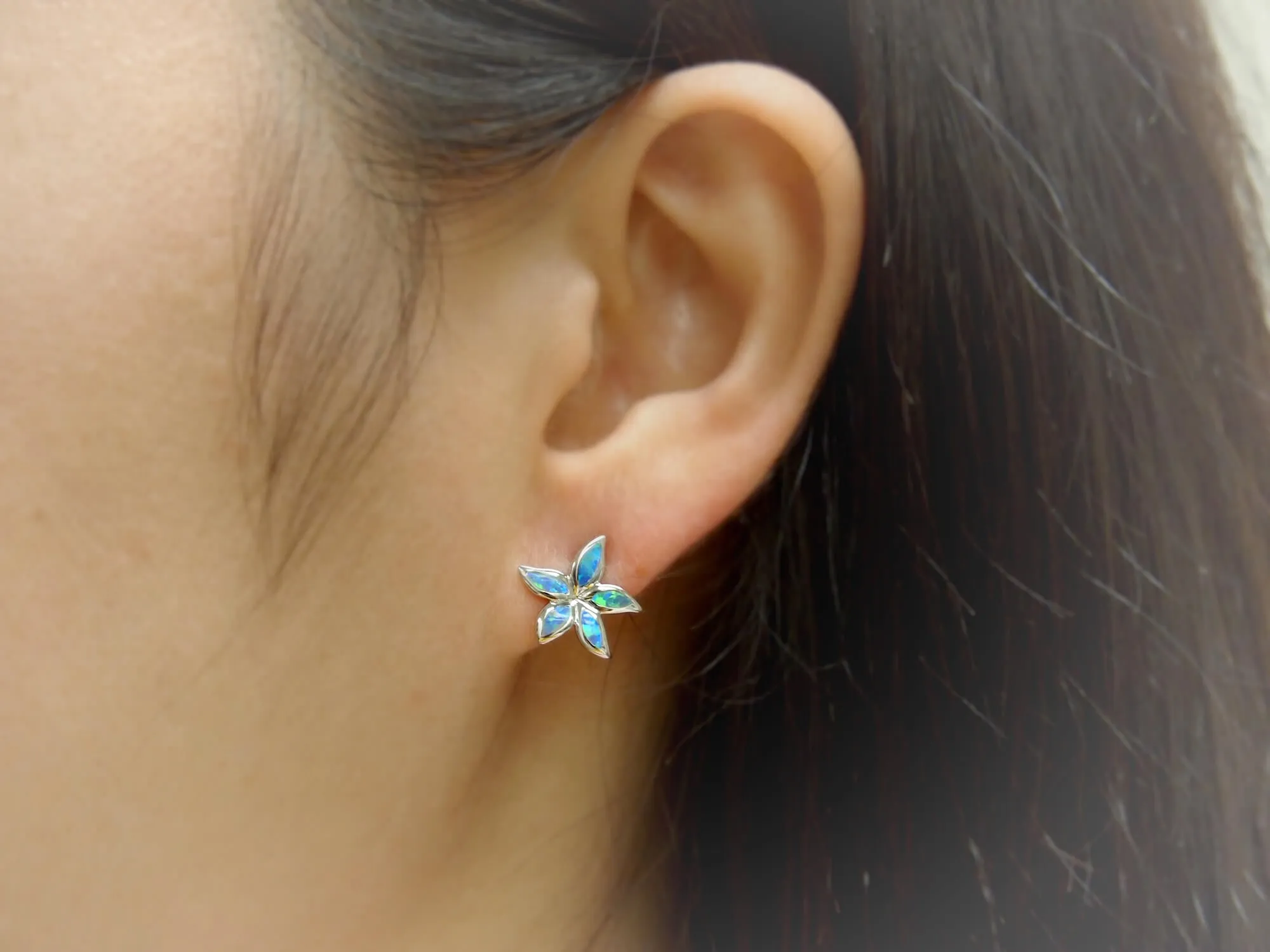 Sterling Silver Synthetic Blue Opal Plumeria Starfish Stud Earrings