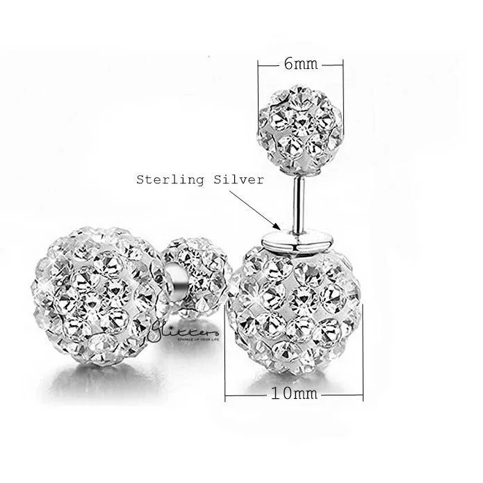 Sterling Silver with Double Sided Crystal Pave Balls Stud Earrings