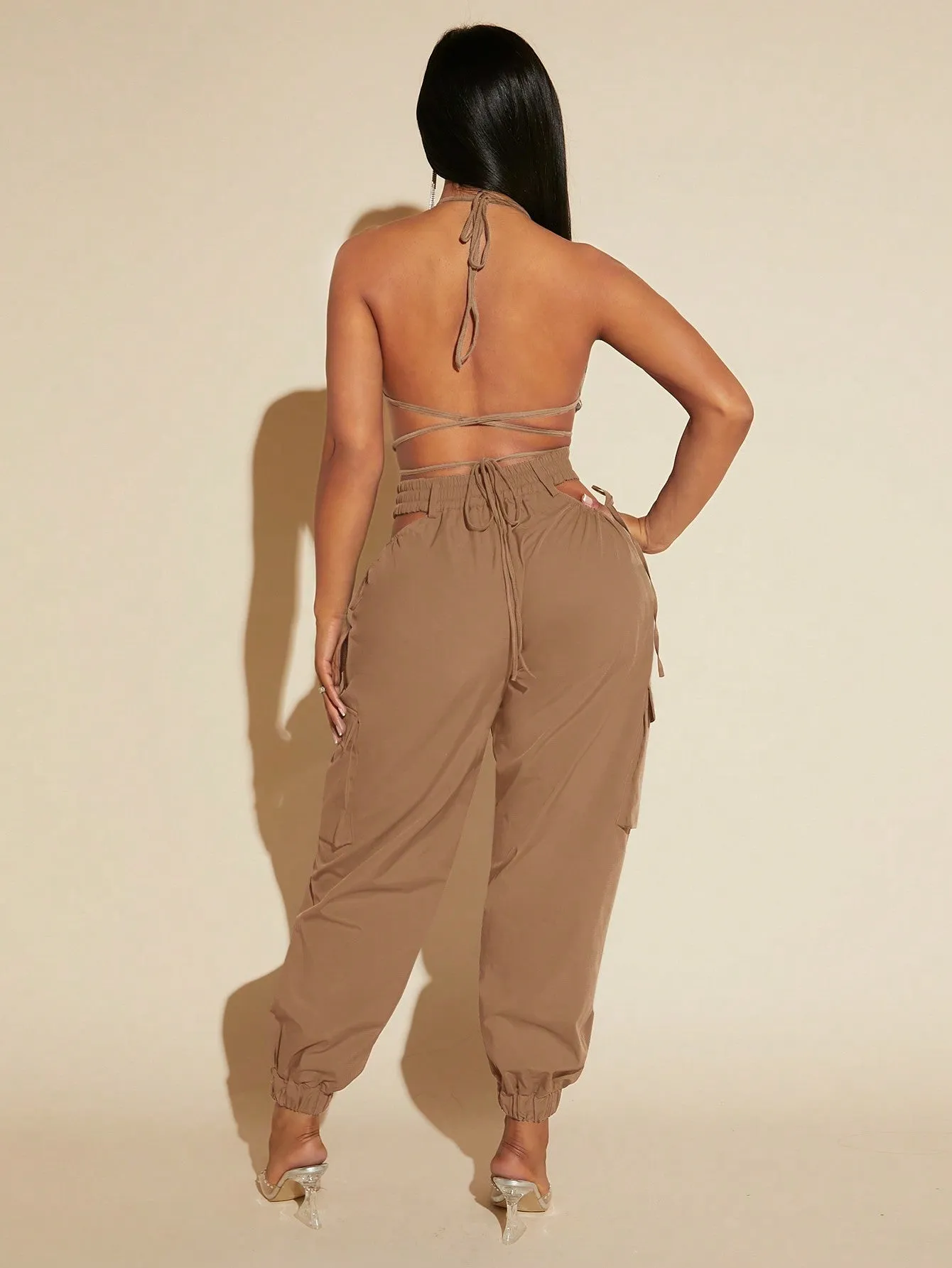 Tie Up Backless Halter Top Cut Out Pants Set