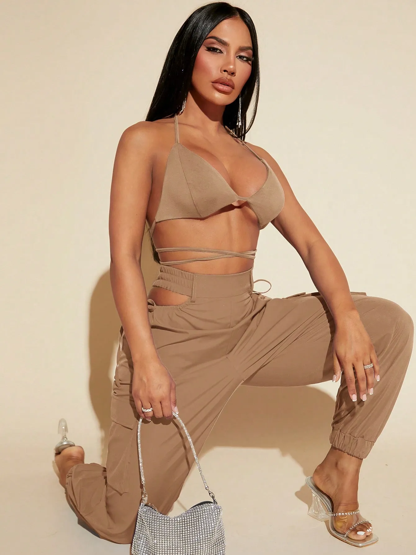 Tie Up Backless Halter Top Cut Out Pants Set