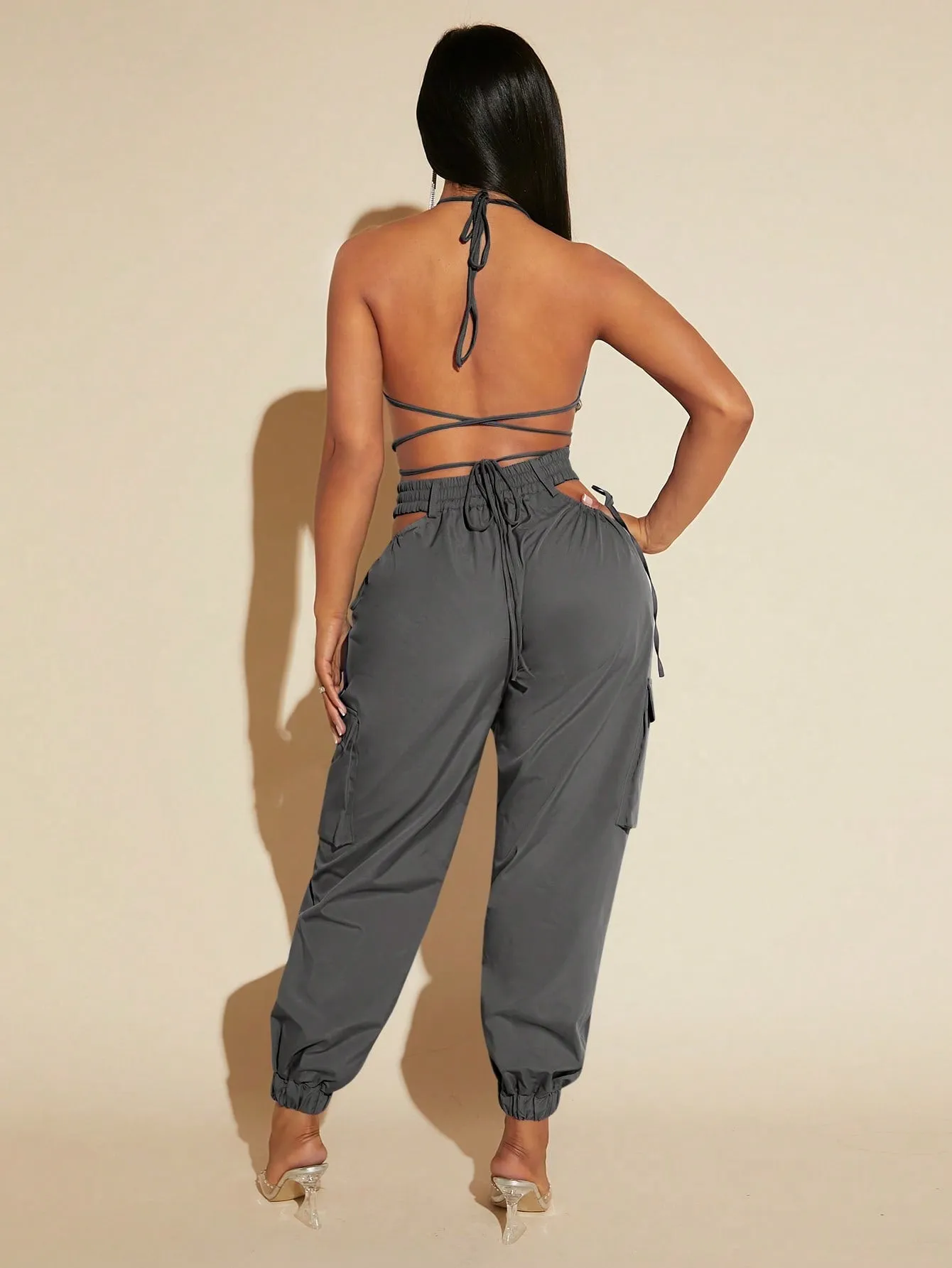 Tie Up Backless Halter Top Cut Out Pants Set