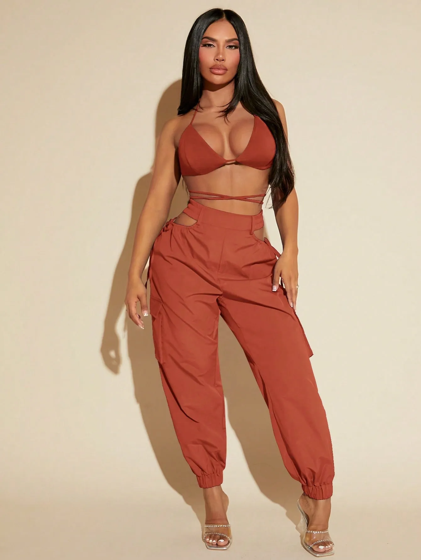 Tie Up Backless Halter Top Cut Out Pants Set