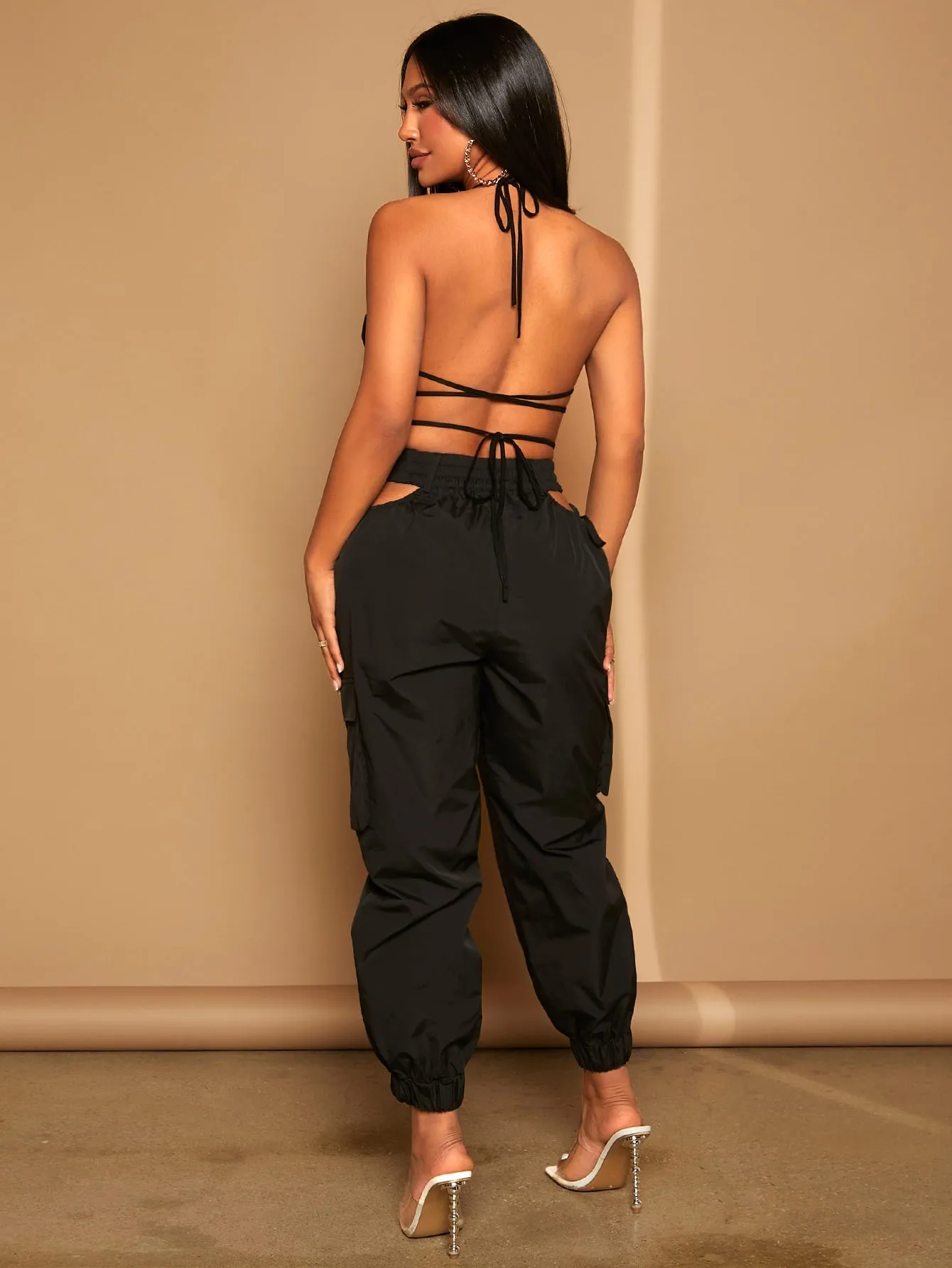 Tie Up Backless Halter Top Cut Out Pants Set