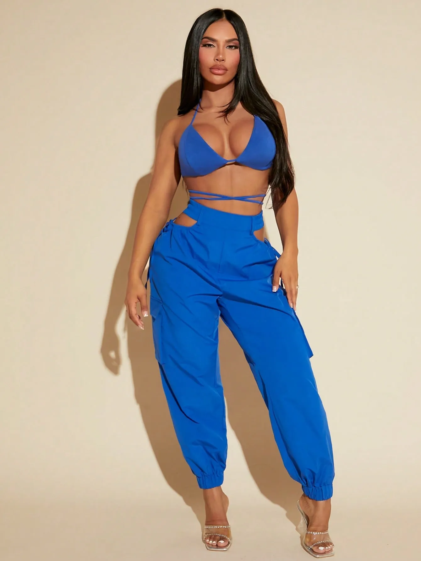 Tie Up Backless Halter Top Cut Out Pants Set