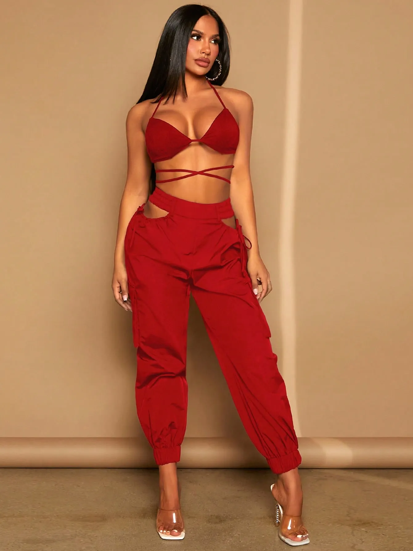 Tie Up Backless Halter Top Cut Out Pants Set